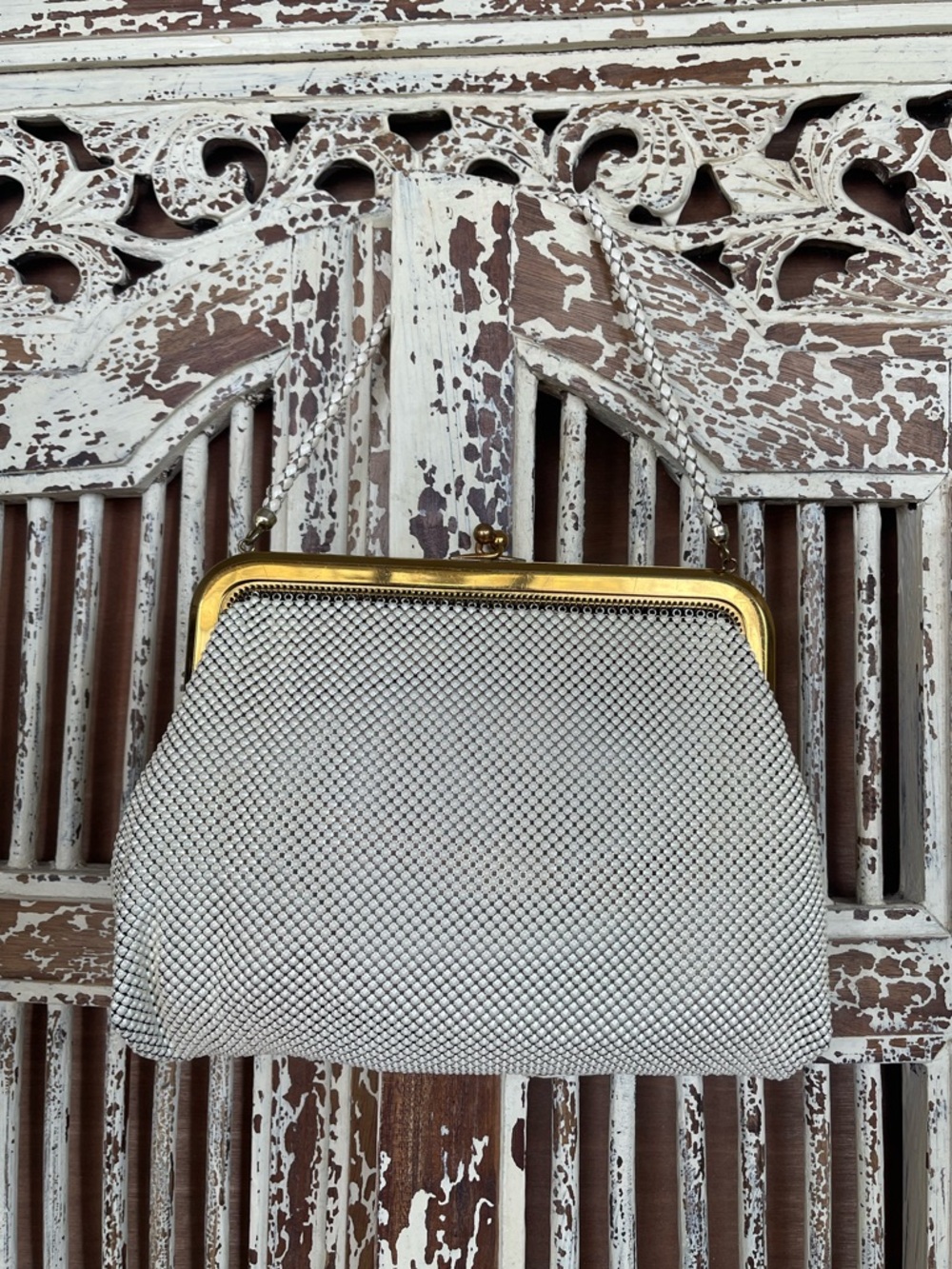 Whiting & Davis White Vintage Mesh Clutch with Gold Frame